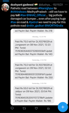 AskDushyant toll charges for bad highway road complaint nitin gadkari 2021